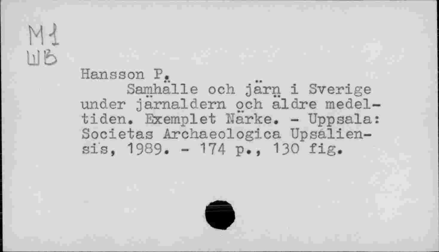 ﻿ш
ыь
Hansson Pft
Samhälle och järn і Sverige under jârnaldern och aldre medel-tiden. Exemplet Narke. - Uppsala: Societas Archaeologica Upsalien-sis, 1989. - 174 p., 130 fig.